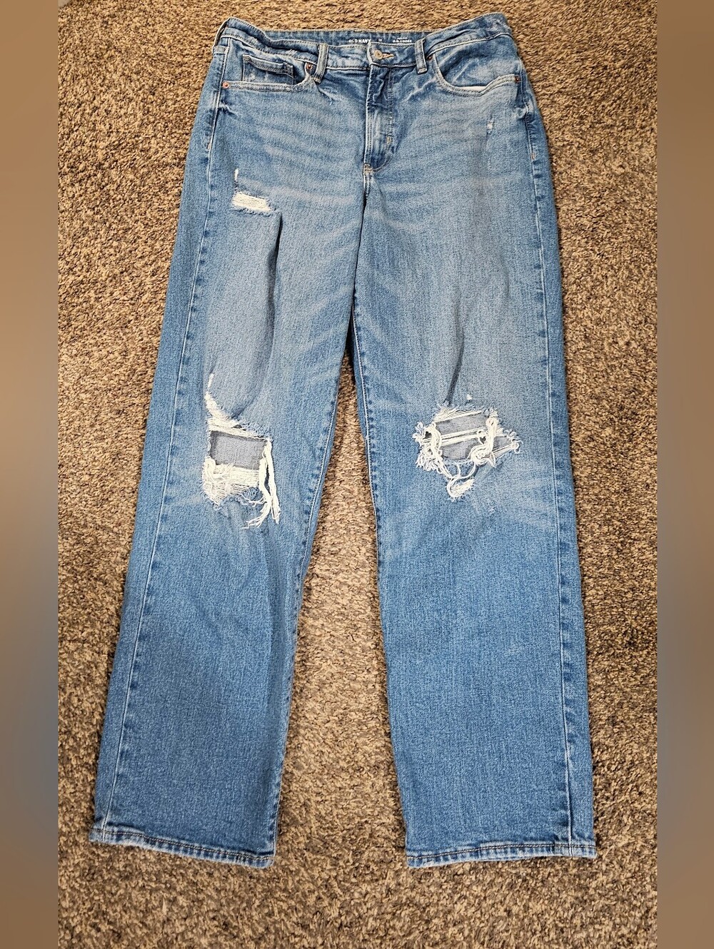 OLD NAVY O.G. Loose High Rise Distressed Baggy Womens 12 Tall Medium Wash